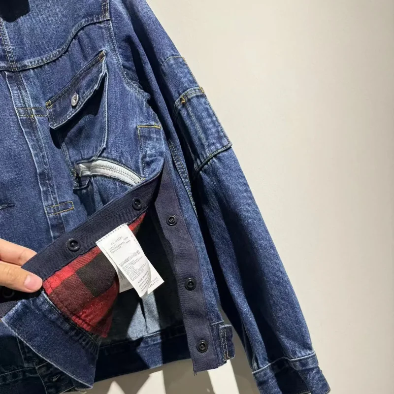 High Street SACAI Patchwork Washed Denim Jacket Vintage Windbreaker Streetwear Techwear Traf Coat Men and Women Clothing