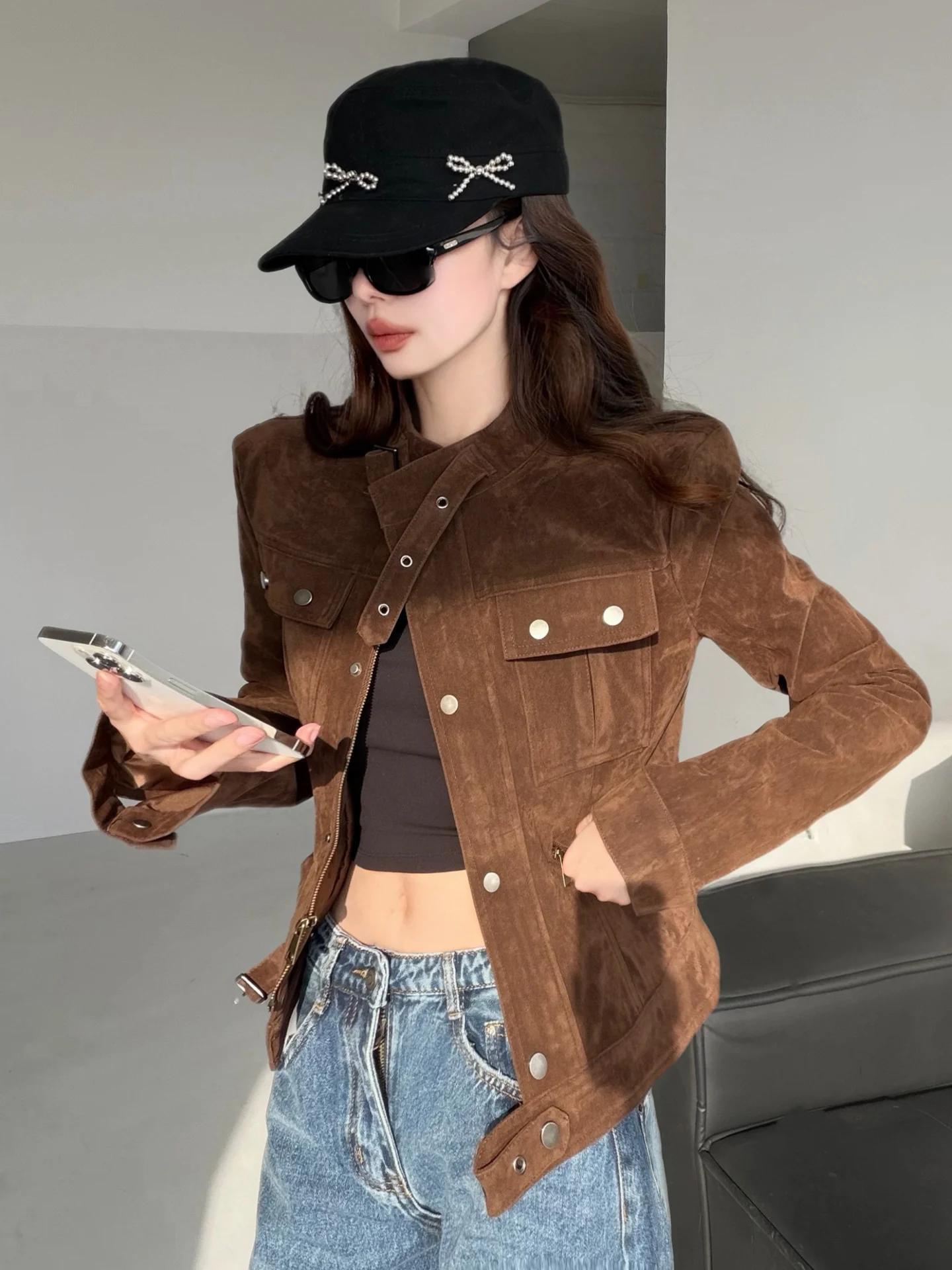 حار فتاة Sle الأمريكية الرجعية الجلد المدبوغ ort Jaet المرأة oulder طول السائق معطف زر إغلاق ort ملابس العمل الجلود J...