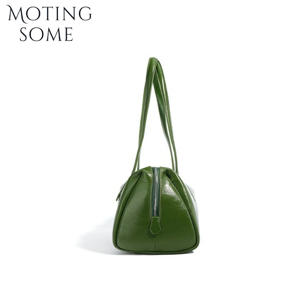 Motingsome Green Bags Retro Women Bag Luxury Oil Wax Cowhide Leather Handbag Vintage Boston Pillow Purses Lady Daily Purses 2024