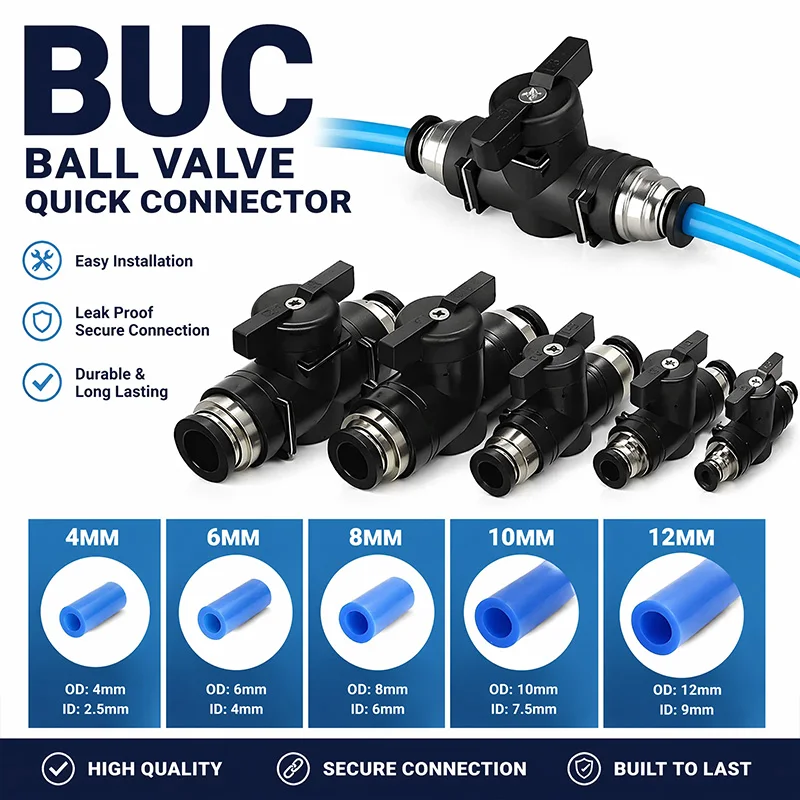 BUC Pneumatic Ball Valve Push in Fitting Air Hose Hand Shut Off Flow Control Switch Connector OD 4mm 6mm 8mm 10mm 12mm Pipe