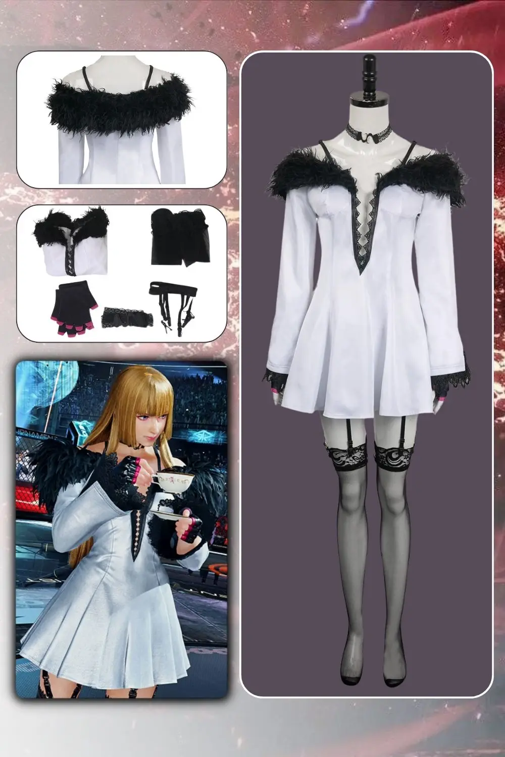 

Lili Anime Game Tekken8 Cosplay Costume White Plush Set Halloween Carnival Suit For Disguise Ladies Women Adult