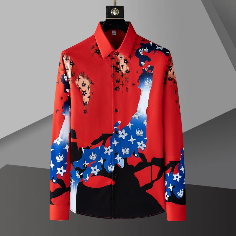 

Top Quality Red Rhinestones Shirt Camiseta Masculina Shirt Men Social Club Outfits Streetwear Fashion Vintage Print Shirt Men