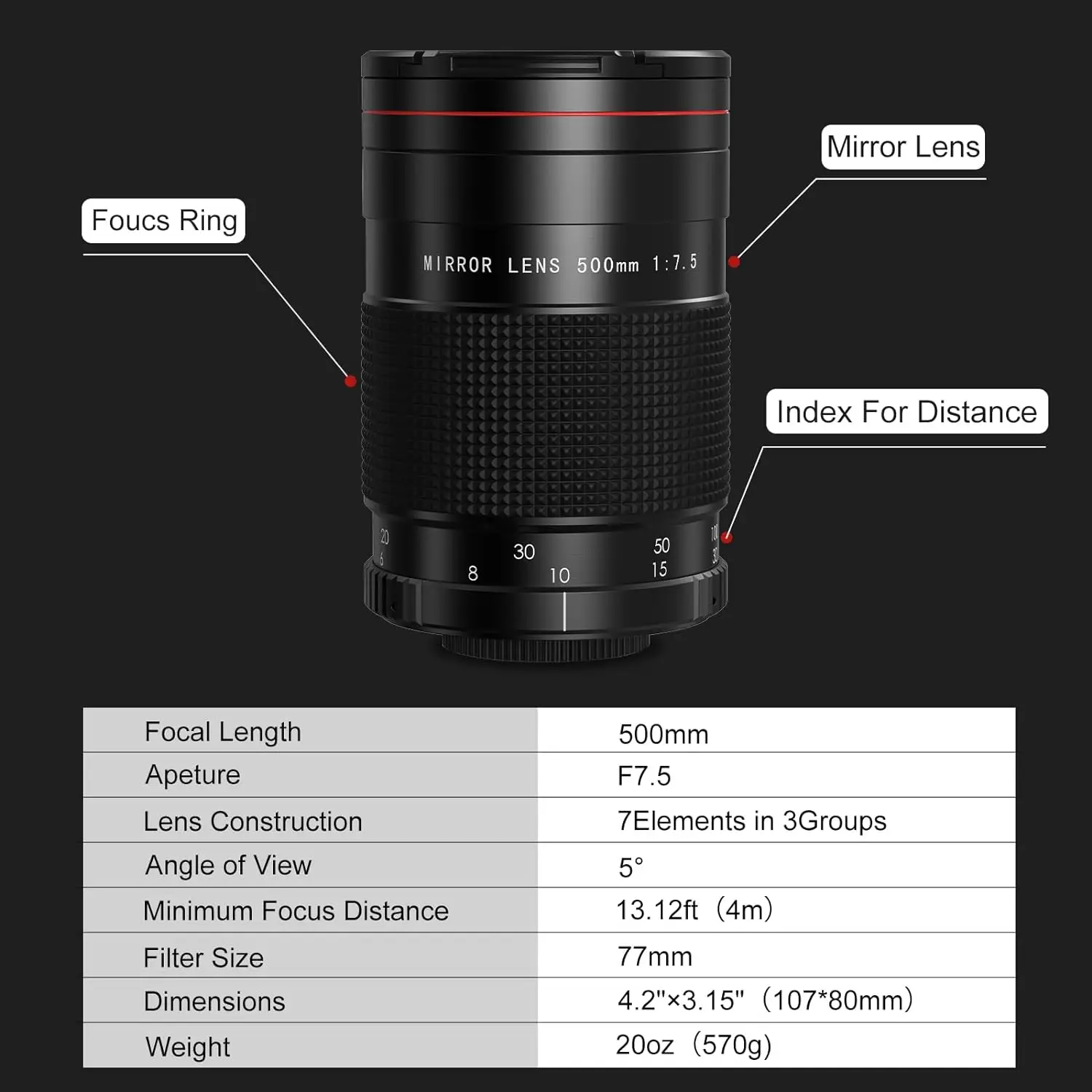 Lightdow Manual Ultra Telephoto Mirror Lens 500mm F7.5  with T2 Adapter Ring for Cannon Nikon Olympus Sony Pentax DSLR Cameras