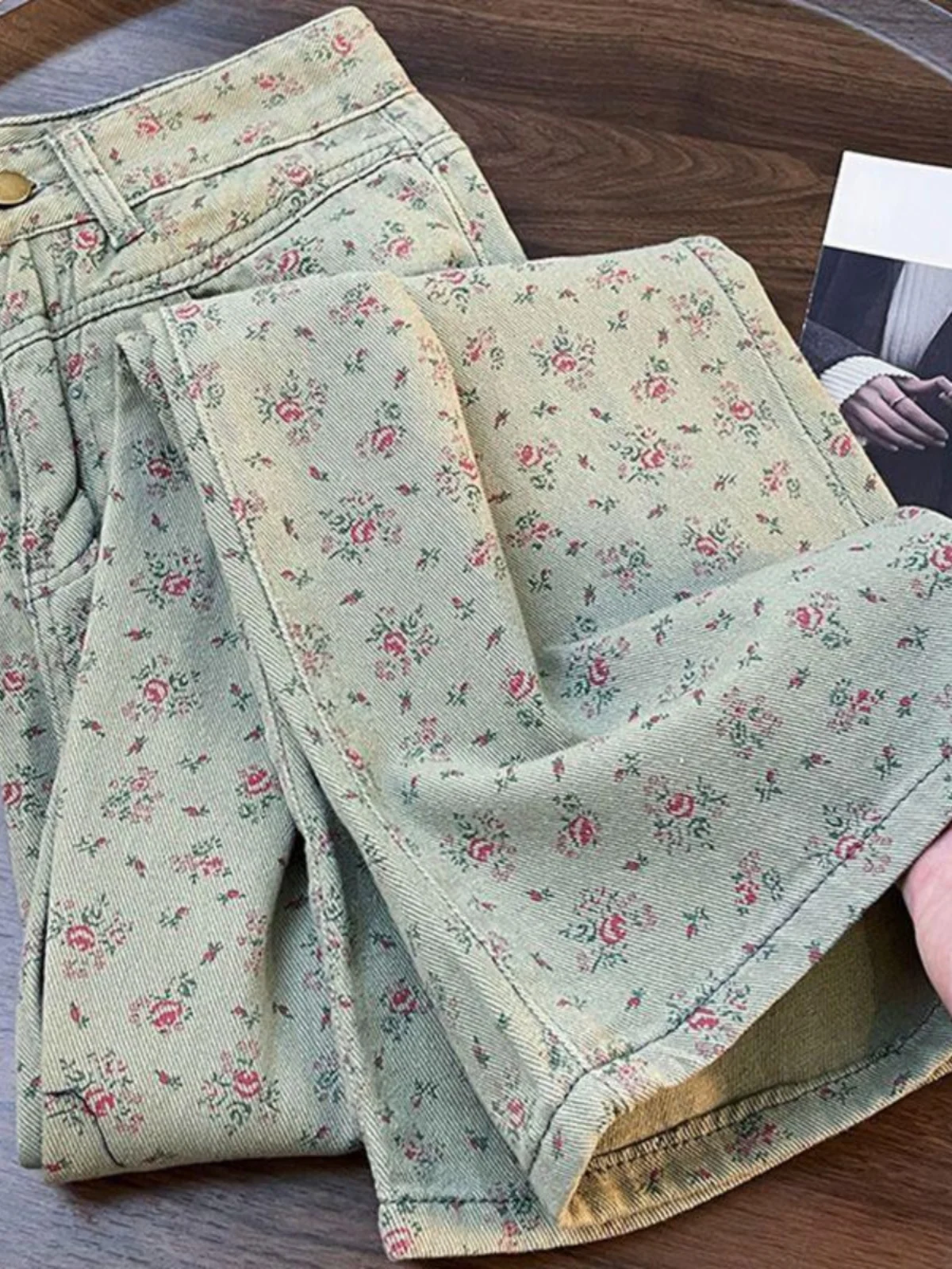 American Floral Printed Retro Slimmming Straight Leg Jeans Women Clothing Spring New High Waist Loose Casual Wide Leg Pants