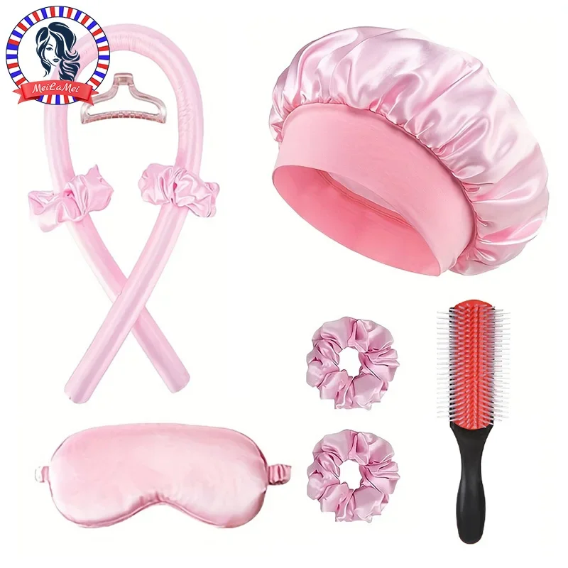 

Набор для укладки без нагрева, 9 шт., включая 9-рядную расческу для вьющихся волос, маску для глаз, шапочку для сна и салон для завивки волос без нагрева