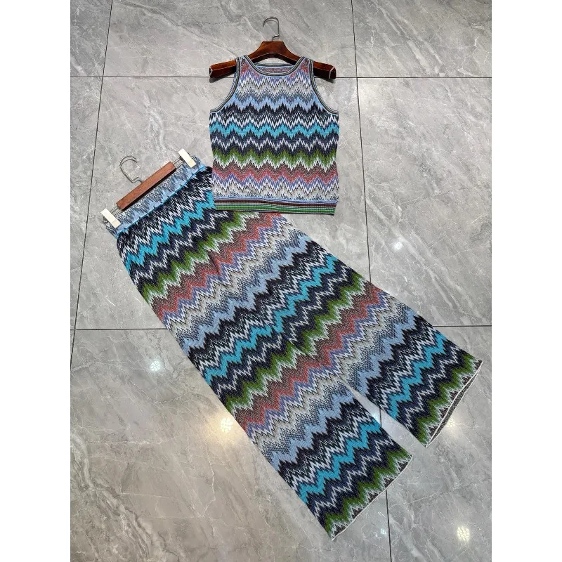 Striped Knit Series Pants Set for Women 2026 Summer New Metallic Print Vest + Straight Slim Fit Pants 2-Piece Set High-End view 6