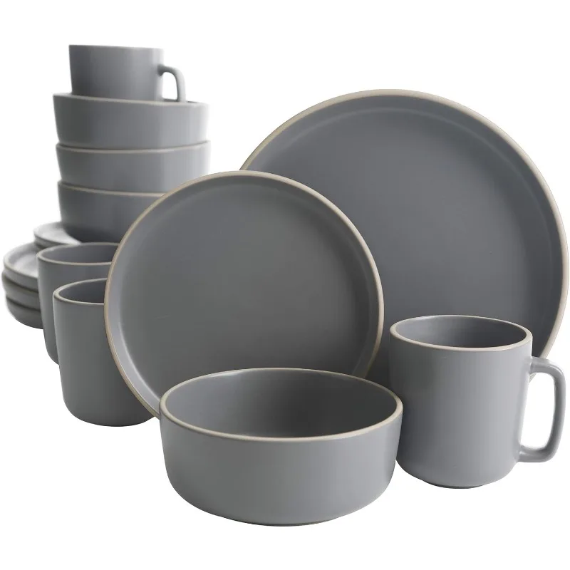 Zuma 16 Piece Round Kitchen Dinnerware Set, Dishes, Plates, Bowls, Mugs, Service for 4, Matte Stoneware, Grey, Gray