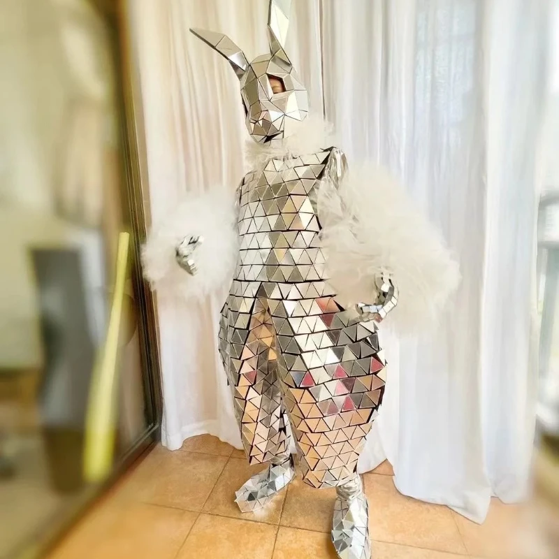 Gold Mirror Rabbit Costume Party Nightclub Bar Suit Robot Stage Performance Cosplay Animal Headwear Clothing Cosplay Suit