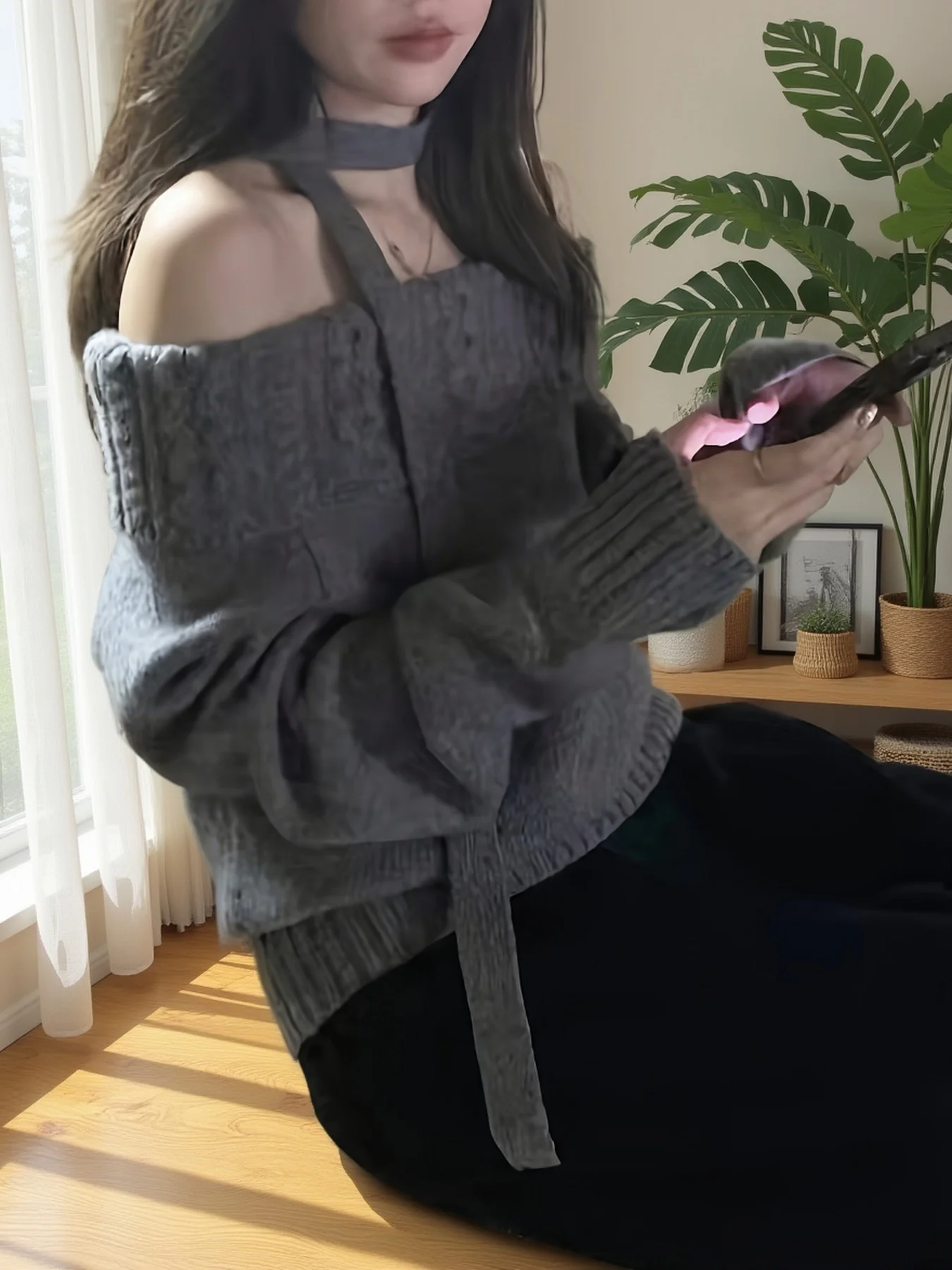 

Korean Style Gray Off-The-Shoulder Sweater for Women Autumn Winter High-End Loose Outerwear Lazy Style Uniquely Beautiful Top