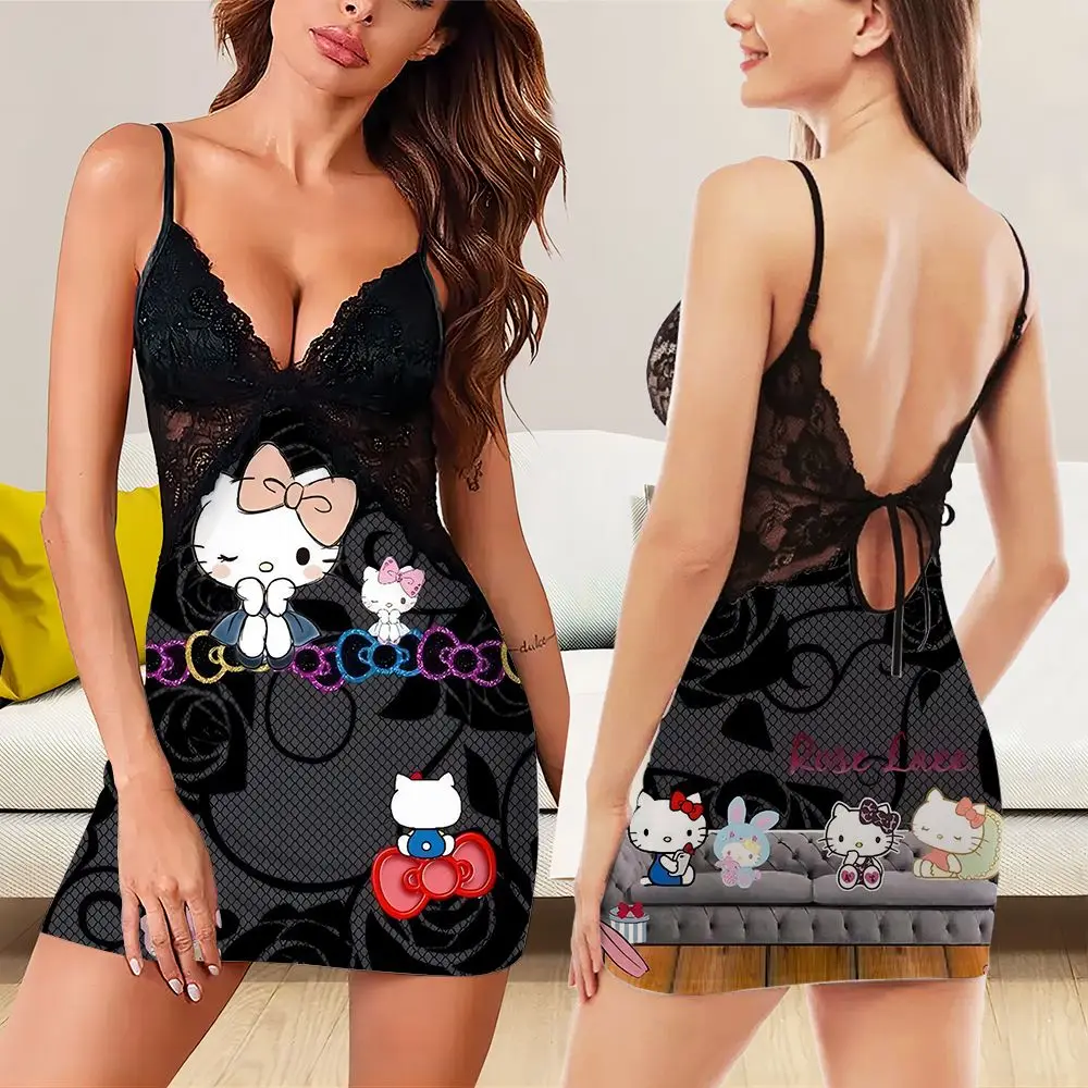 Pijama Hello Kitty para mulheres, desenho animado, estampado, sexy, charmoso, alça, saia para dormir, moda verão