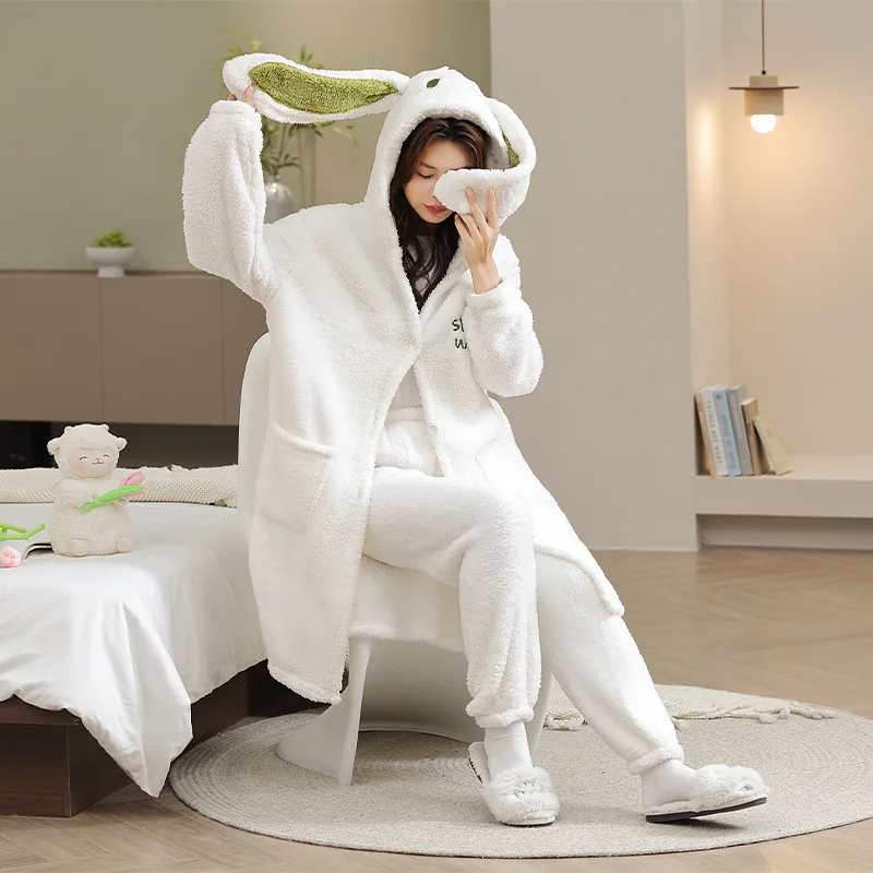 New winter hooded pajamas cute girl rabbit nightgown thickened and velvet warm two loungewear