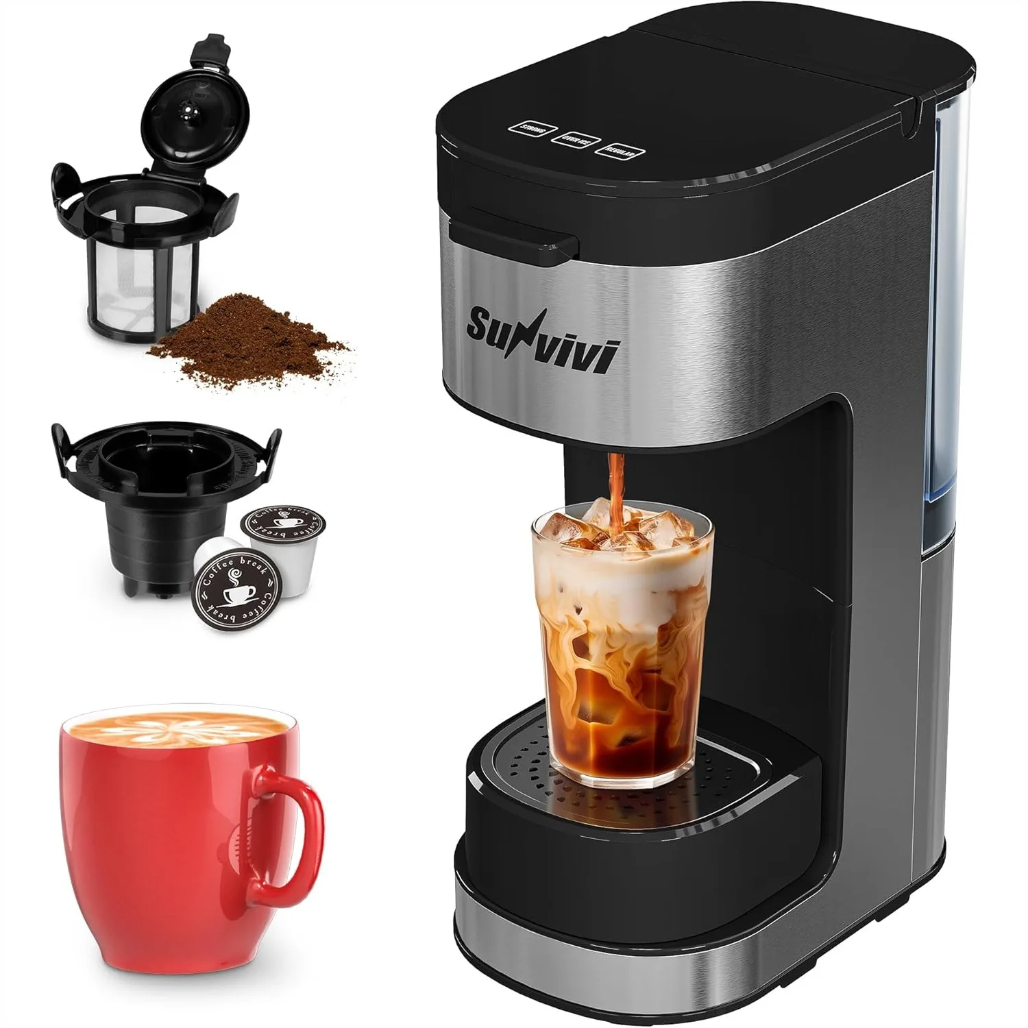 

Single Serve Coffee Maker with 3 Brewing Options for K Cup, Ground Coffee & Tea, Removable Water Tank & Reusable Filter, Ideal