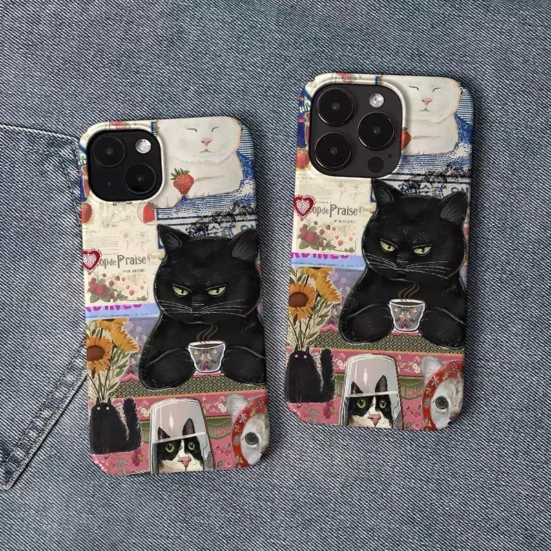 

Ins Cute Black Cat Drinking Tea Case for IPHONE 17 16ProMax 15 14 13 12 11 PRO Plus Acrylic TPU Two in One Magnetic Phone Cases