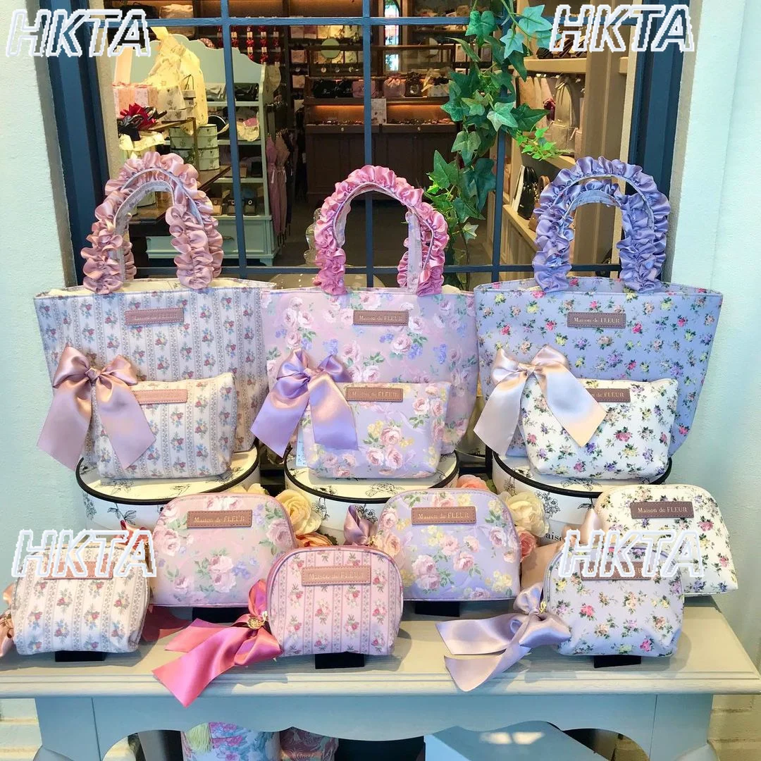Japanese Country Floral Printed Letter Kawaii Bow Large Capacity Cosmetic Bag Autumn Sweet Pleated Lolita Handheld Bag Women