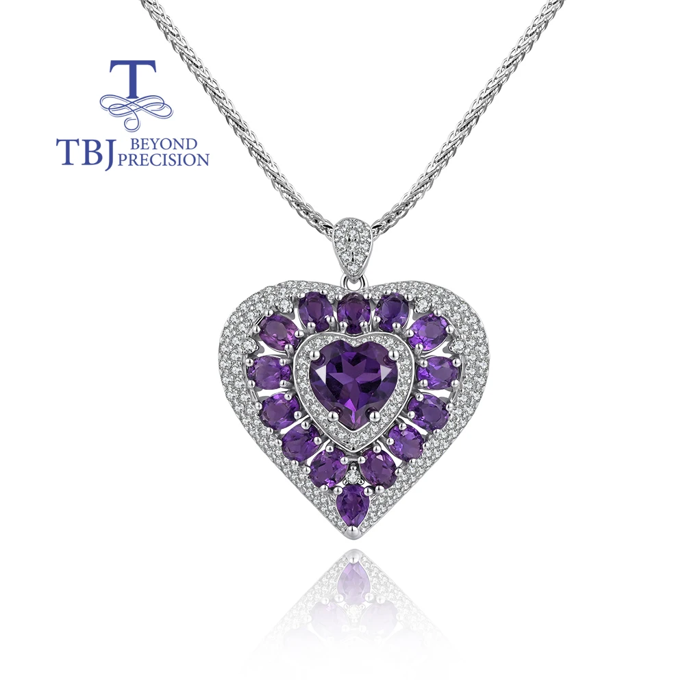Women's Big Heart Natural Amethyst Pendant Necklace 925 Sterling Silver Fine Jewelry for Anniversary Party