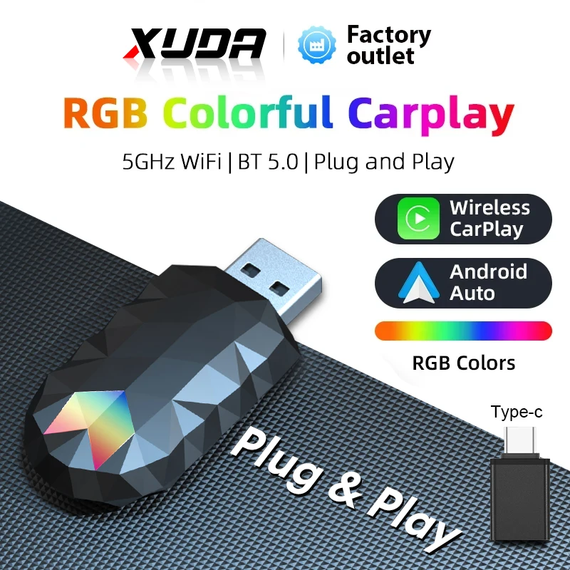 XUDA bedraad aan Draadloze CarPlay RGB BOX Adapter voor OEM Autoradio met USB / Type-C Plug en Play Smart Link Telefoon CarPlay Auto's