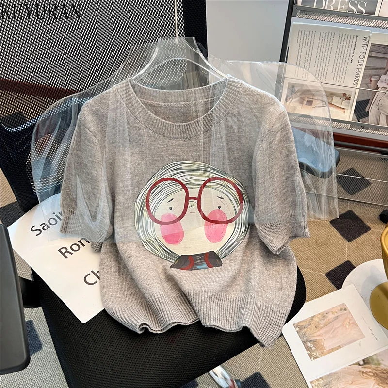 

Gray Knit T-shirt Women Clothes New Summer O-neck Short Sleeve Sweater Pullover All-match Cartoon Pattern Csaual Loose Tees Tops