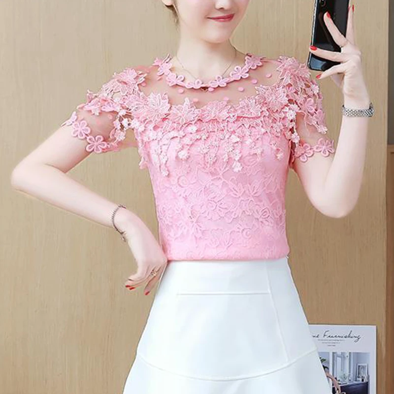Summer New Elegant Fashion Lace Patchwork Hollow Out Blouse Female Short Sleeve Sweet Pullover Shirt Women Sexy All-match Top