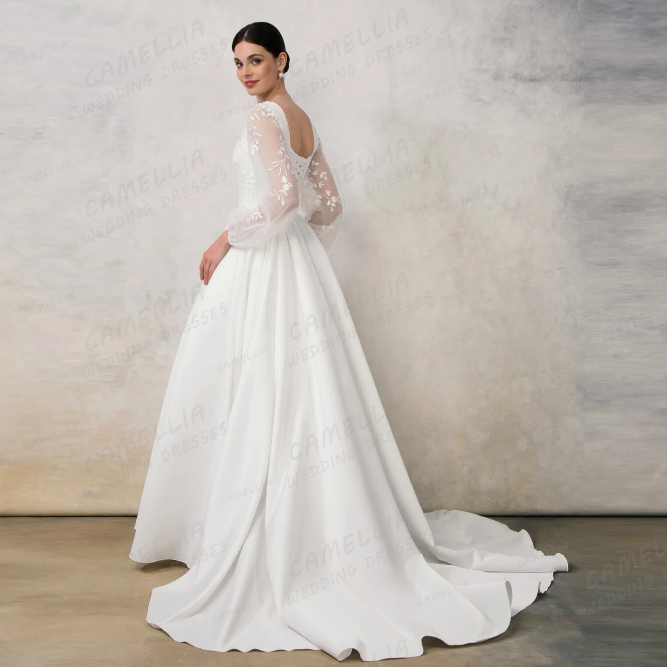 فساتين زفاف بسيطة للنساء على شكل حرف A وأكمام طويلة فساتين زفاف أنيقة من الساتان بأكمام طويلة من فيستدوس دي نوفيا مخصصة ماري