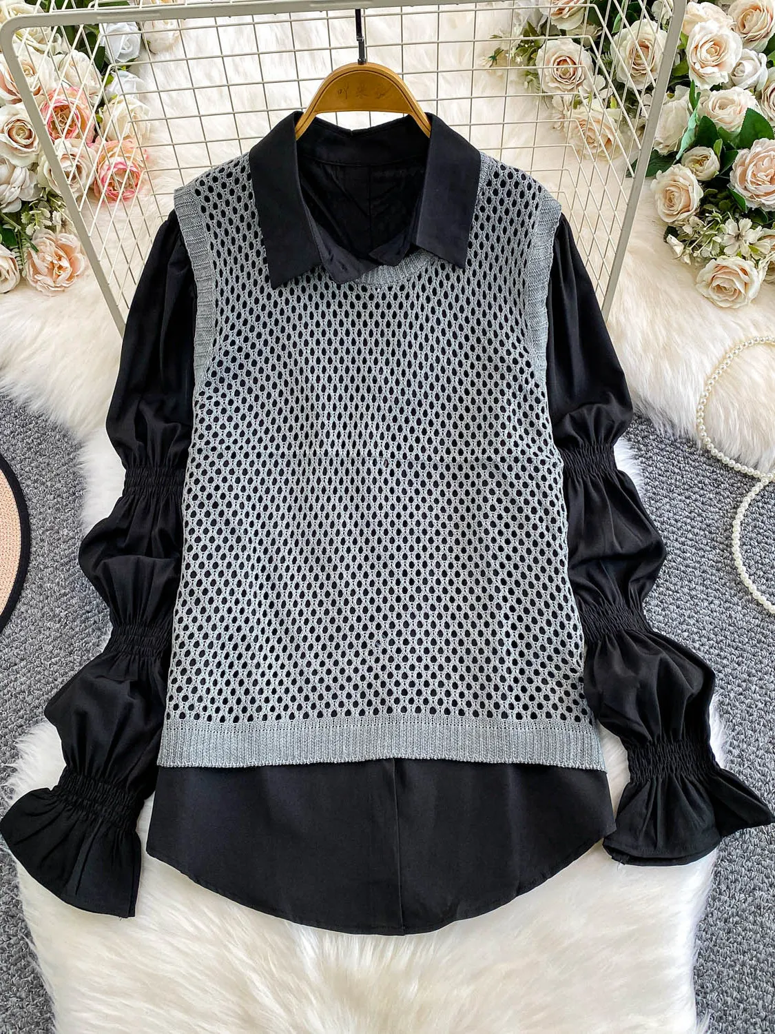 Chic White Lantern Sve irt Damen-Oberbekleidung, lockere, schlankmachende, hohle Strickweste, zweiteiliges Set, faionable Casual Sle