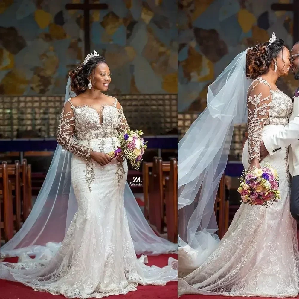 Customize African Plus Size Mermaid Wedding Dresses Bridal Gowns Arabic Luxurious Full Lace Silver Crystal Beaded Sheer Jewel Ne