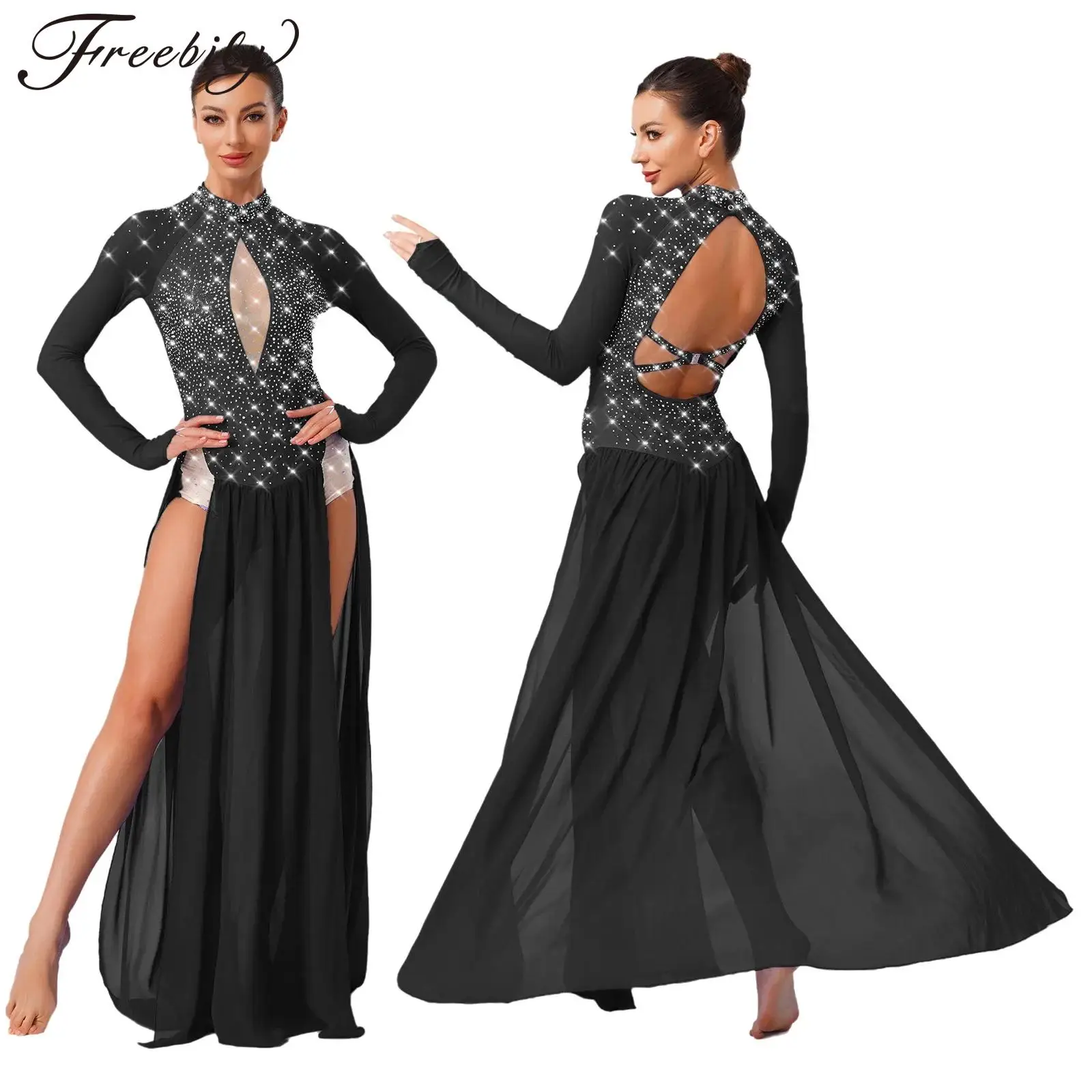 فستان ماكسي للرقص الغنائي الحديث بحجر الراين اللامع للنساء بأكمام طويلة من الشيفون بحاشية فساتين يوتار زي التزلج على الجليد والجمباز