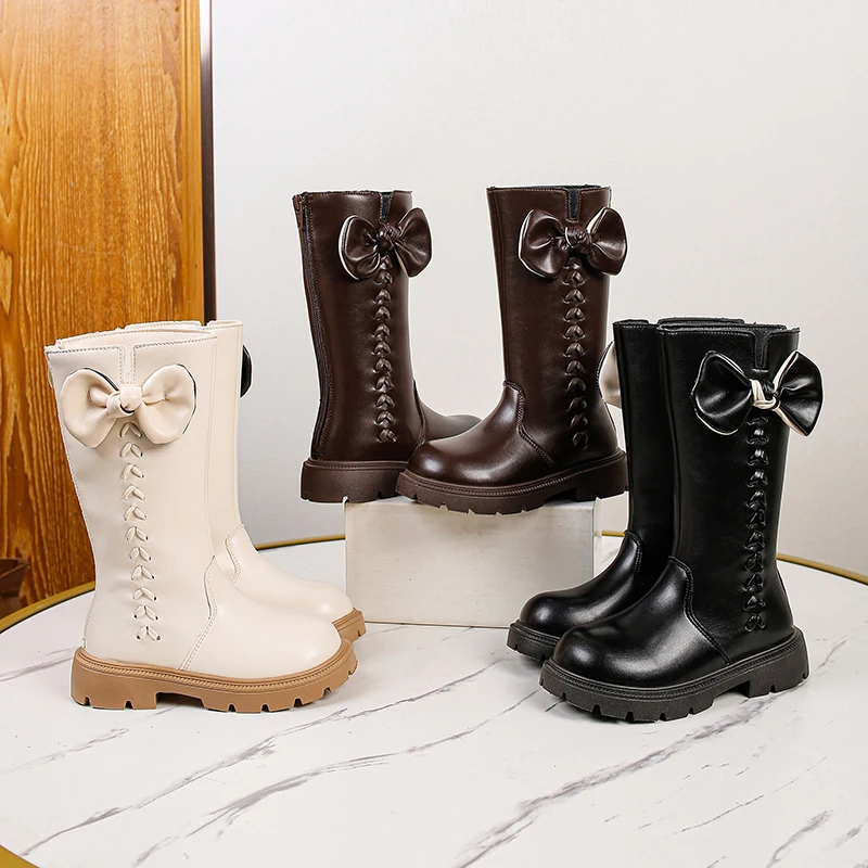 Girls Bow Mid‑Calf Leather Boots Kids Embossed Stitching Back Zipper Thick‑Sole Warm Winter Princess Boots