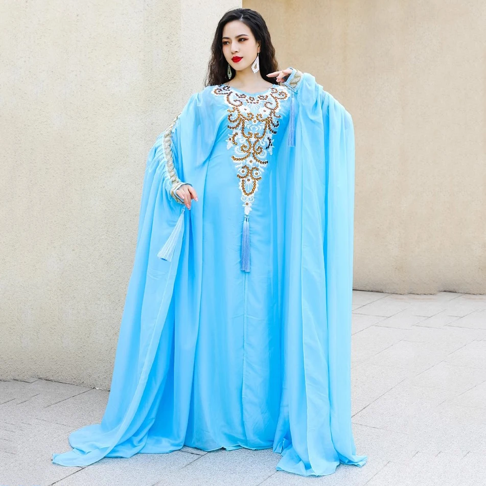 

Elegant Traditional Khaleeji Thobe Dress Chiffon Belly Dance Outfit Kaftan Dress Rhinestone Beads Competition Khaleegy Costume