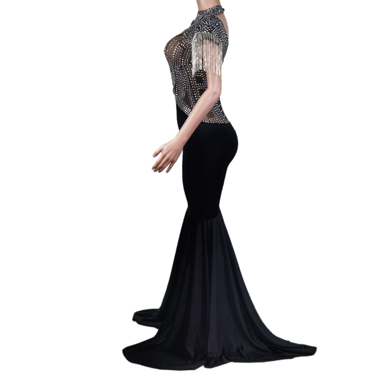 Sexy Women Ball Prom Evening Dress Luxury Mesh See Through Crystal Tassel Wedding Party Mermaid Gown Fashion Photo Shoot Outfits