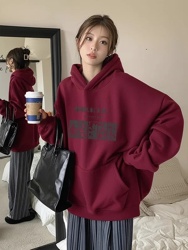 

Женская толстовка большого размера с капюшоном, утепленная флисом, свободного кроя, осенне-зимняя куртка, повседневная уличная одежда в американском стиле, свитшот для похудения