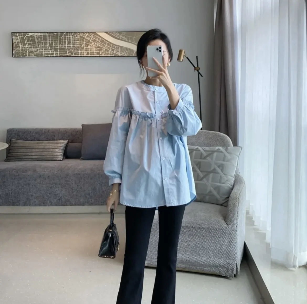 Korean Pregnant Woman Lactation Clothes Long Sleeve O-neck Breastfeeding Shirts Button Fly Maternity Ruffled Nursing Blouse