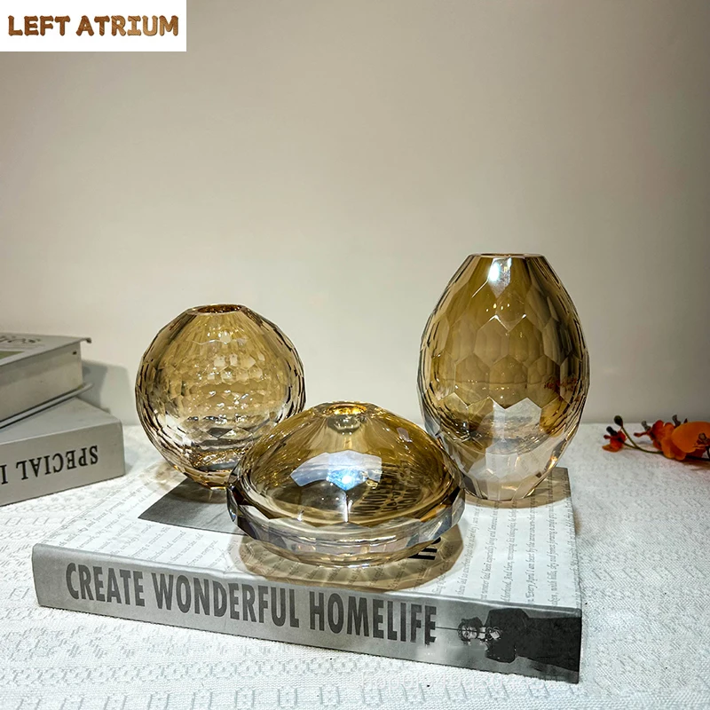 

Hexagonal Texture Glass Vase Amber Color Flowers Pots Desk Decoration Flower Arrangement Round Floral Vases Room Aesthetic Decor