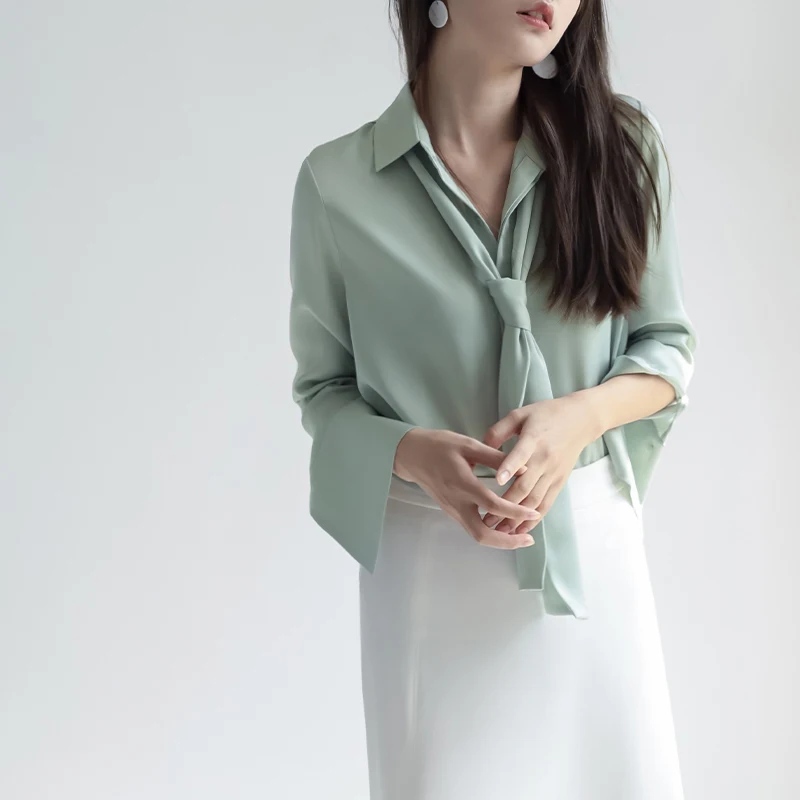 

Elegant Long Sleeve Chiffon Shirt Commute Professional Style Women's Premium Fashion Spring Autumn Tie Shirt Straight Cut