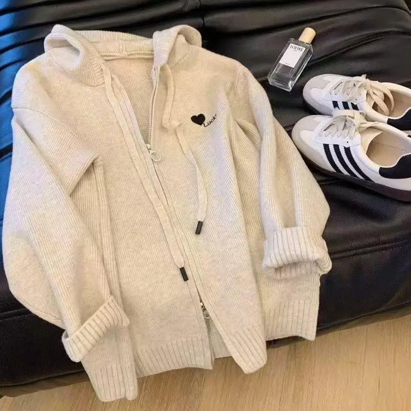 

Korean Hooded Cardigan Women's Heart Embroidery Knit Sweater Drawstring Casual Coat K-Fashion