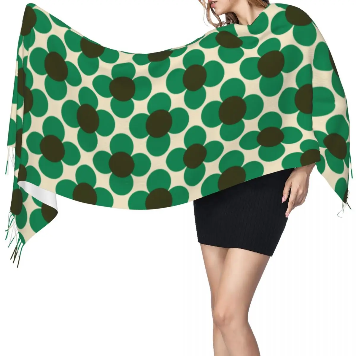 Custom Print Retro Flower Emerald Orla Kiely Tassel Scarf Women Soft Shawls Wraps Female Winter Fashion Versatile Female Scarves