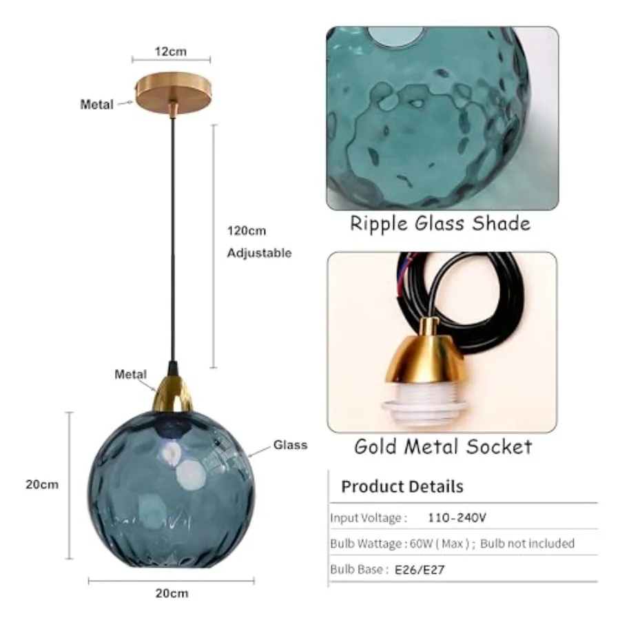 20cm/7.9'' Industrial Vintage Spherical Glass Pendant Light E26 Ceiling Hanging Lamp Gold Finish and Ripple Glass Globe Shade D