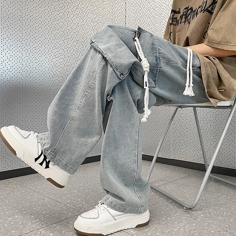 

Casual Men's Workwear Jeans High Street Design Dstring Big ket Wide Leg Trendy Loose Straight Cut Denim Pants