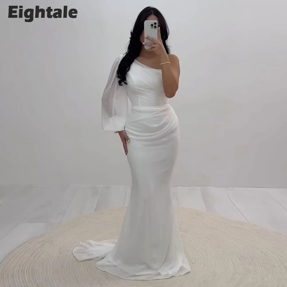 

Eightale Arabic Evening Dress One Shoulder Chiffon Mermaid Pleats Long Sleeves Celebrity Prom Gown Party Dress robe de soiree