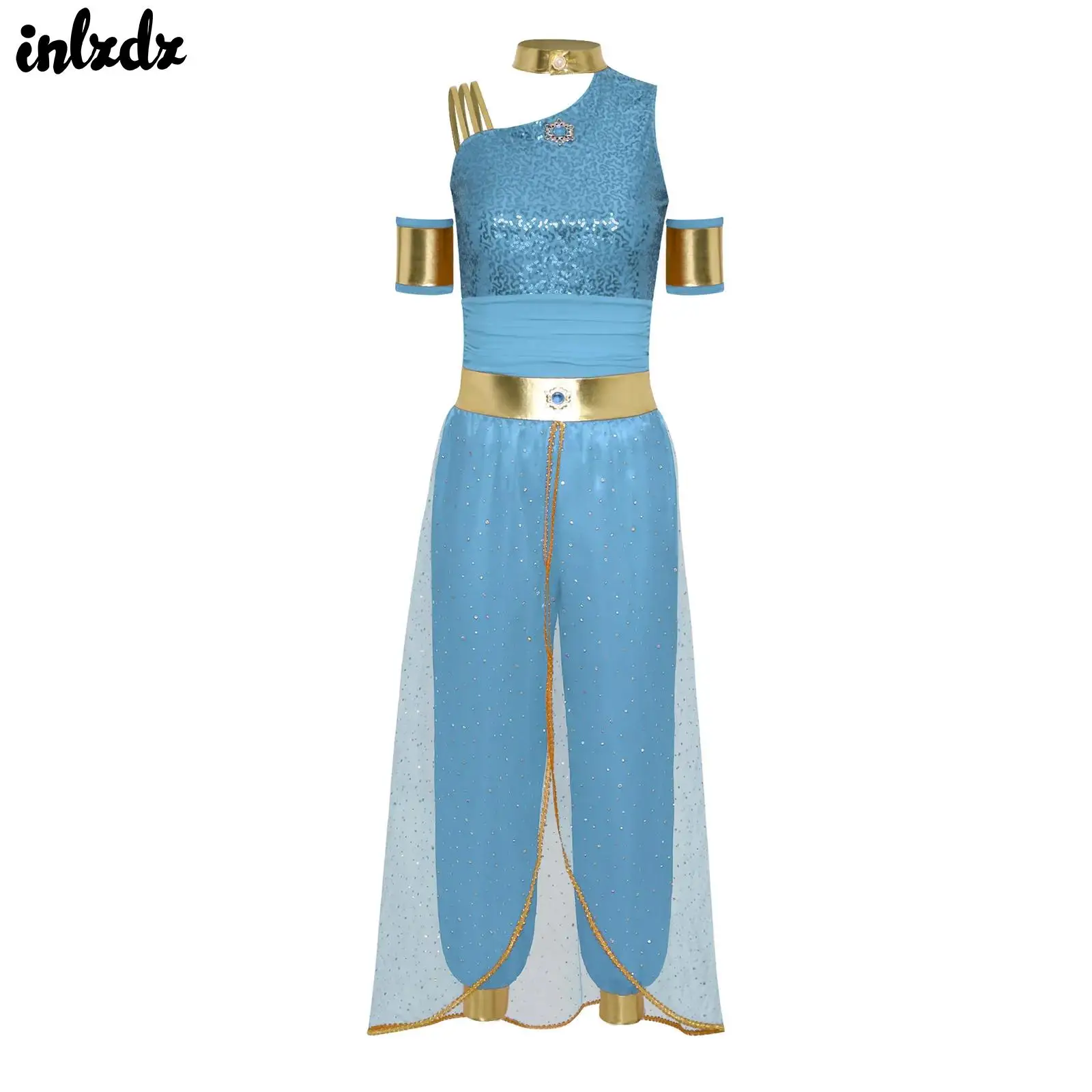 

Womens Halloween Mythical Arabian Princess Cosplay Outfits Rompers Gem Decor Shiny Tulle Overlay Jumpsuit Halloween Outfits