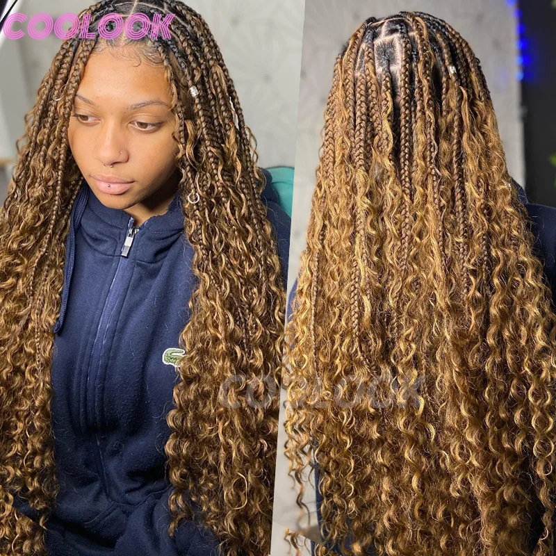 Boho Braided Wigs Synthetic Full Lace Front Wigs Blonde Curly Ends Hair Goddess Locs Cornrows Braid Wigs Knotless Box Braids Wig