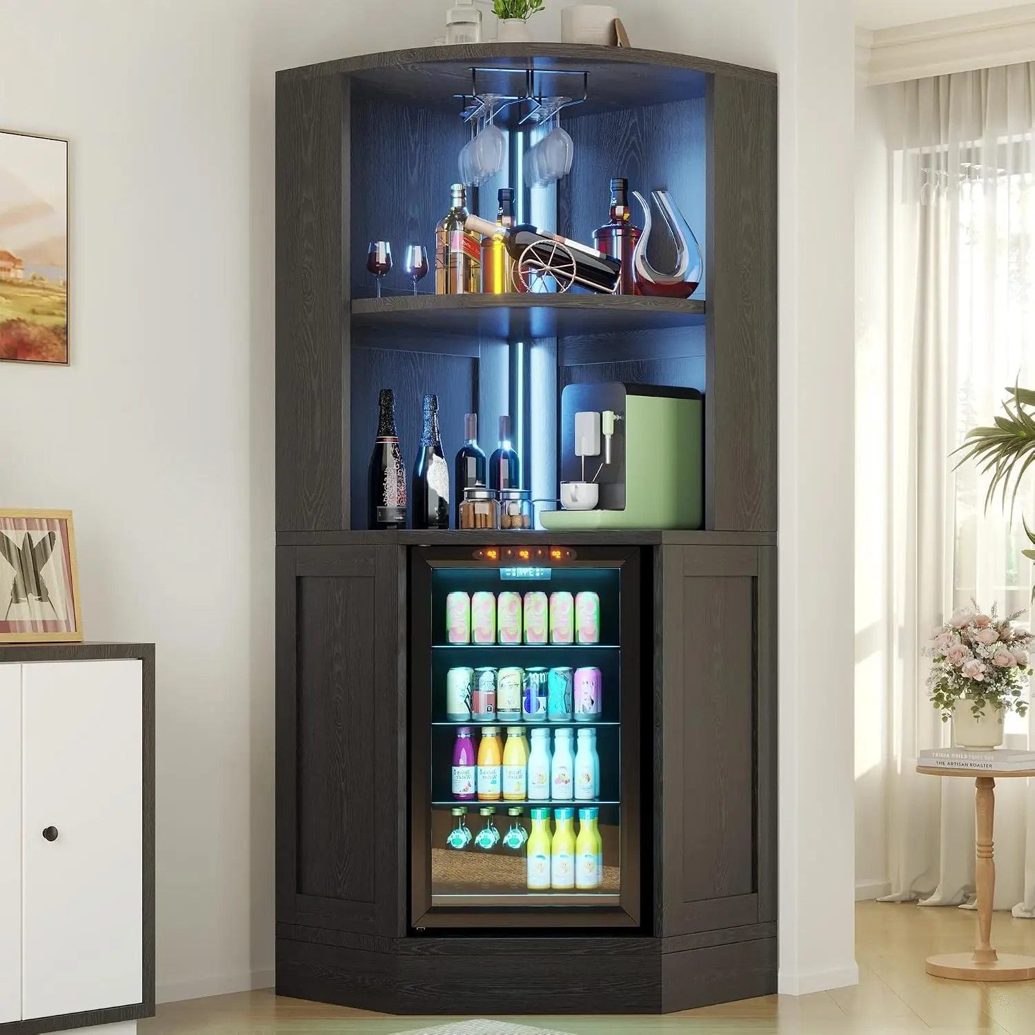 Corner Bar Cabinet with Fridge Space, Coffee Bar Station, Home Kitchen Dining Room Furniture, Customized