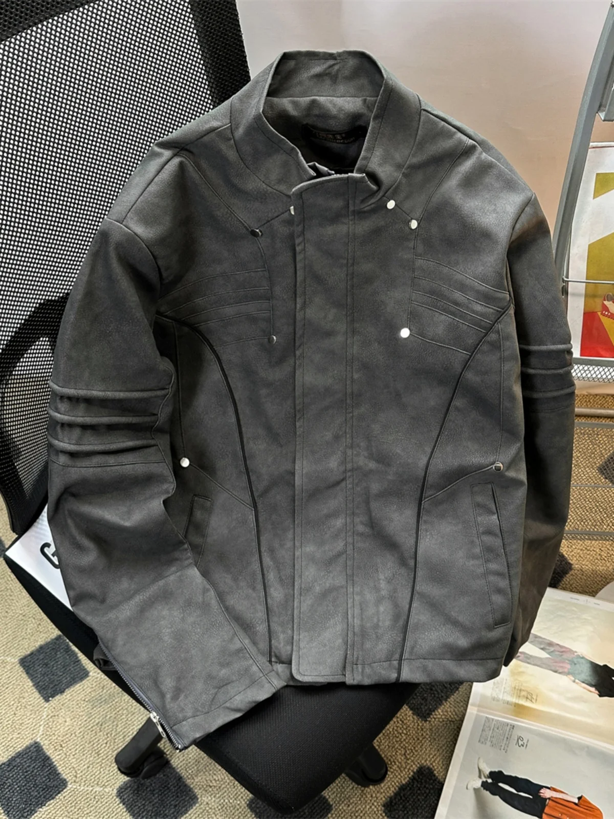 

American Sle Loose Men's Motorcycle PU Leather Jaet Spring Autumn Pilot Baseball Sle Trendy Outerwear Windproof Long Sl...