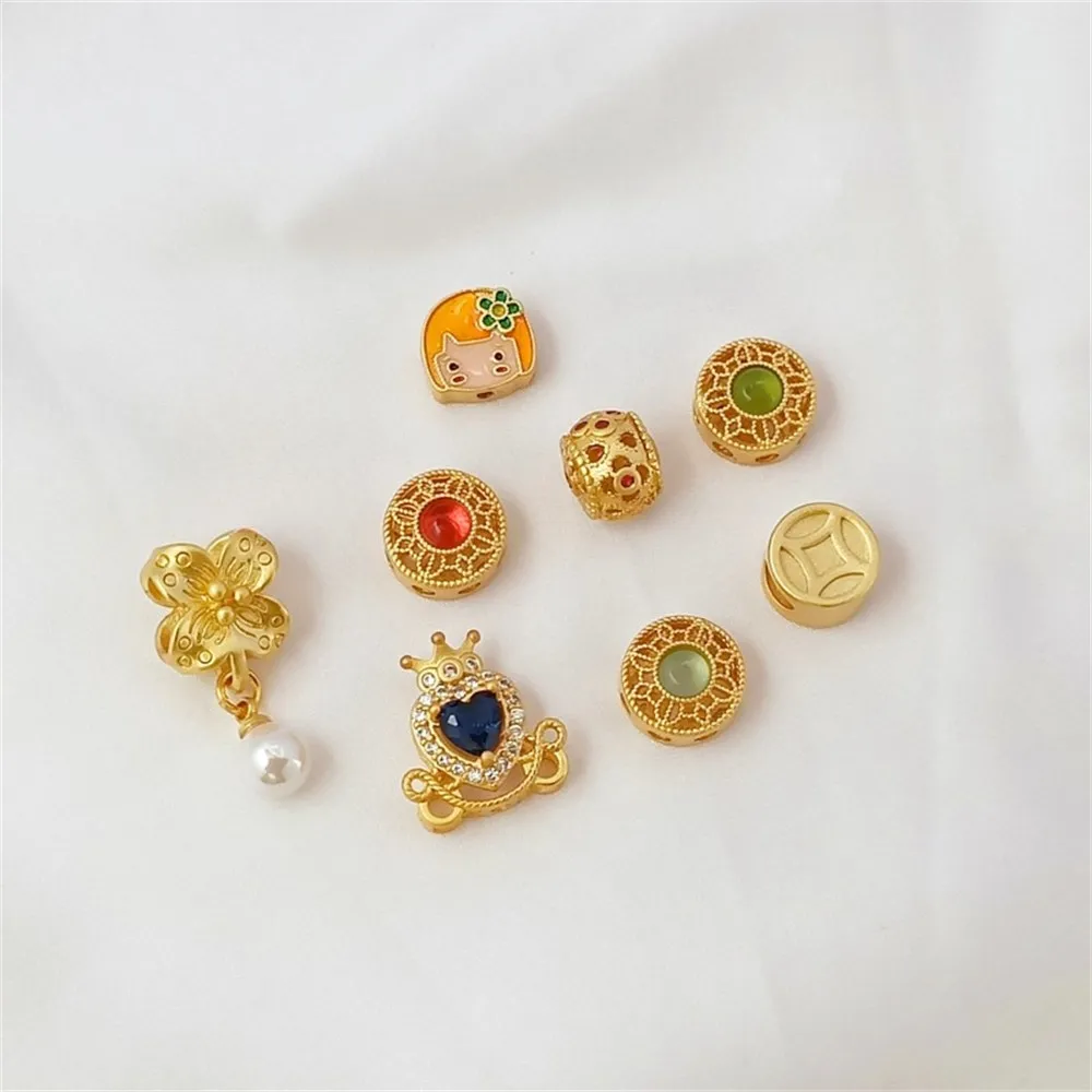 Diy Matte Gold Coin Small Flower Hollowed-out Interlocking Beads Bracelet and Necklace Accessories