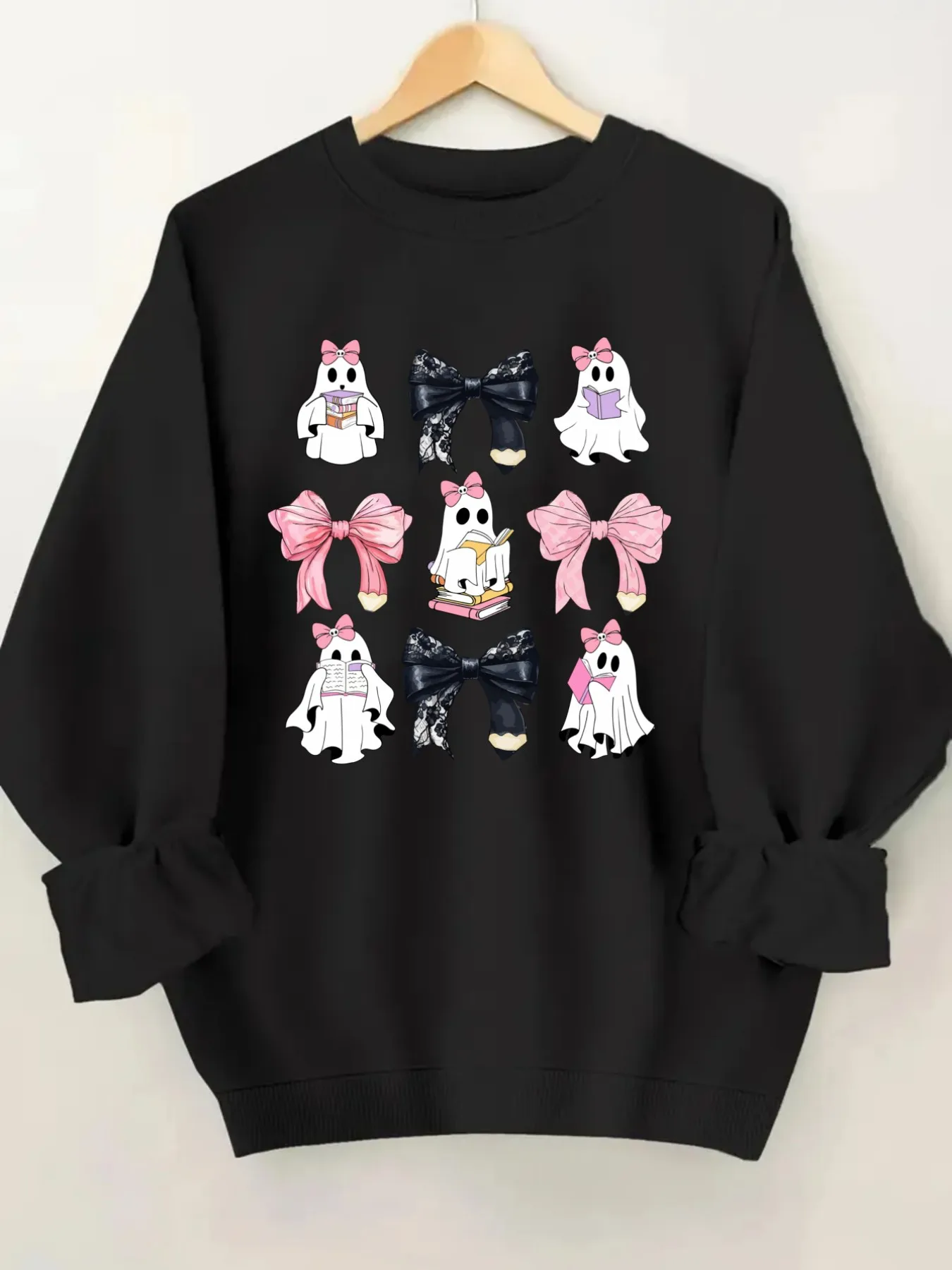 Women's Crew Neck Pullover Sweatshirt Cute Ghost Bows Design, Soft Casual Long Sleeve, Daily Casual Top Outfit, Winter Women's Clothing, Halloween Costume Outfit