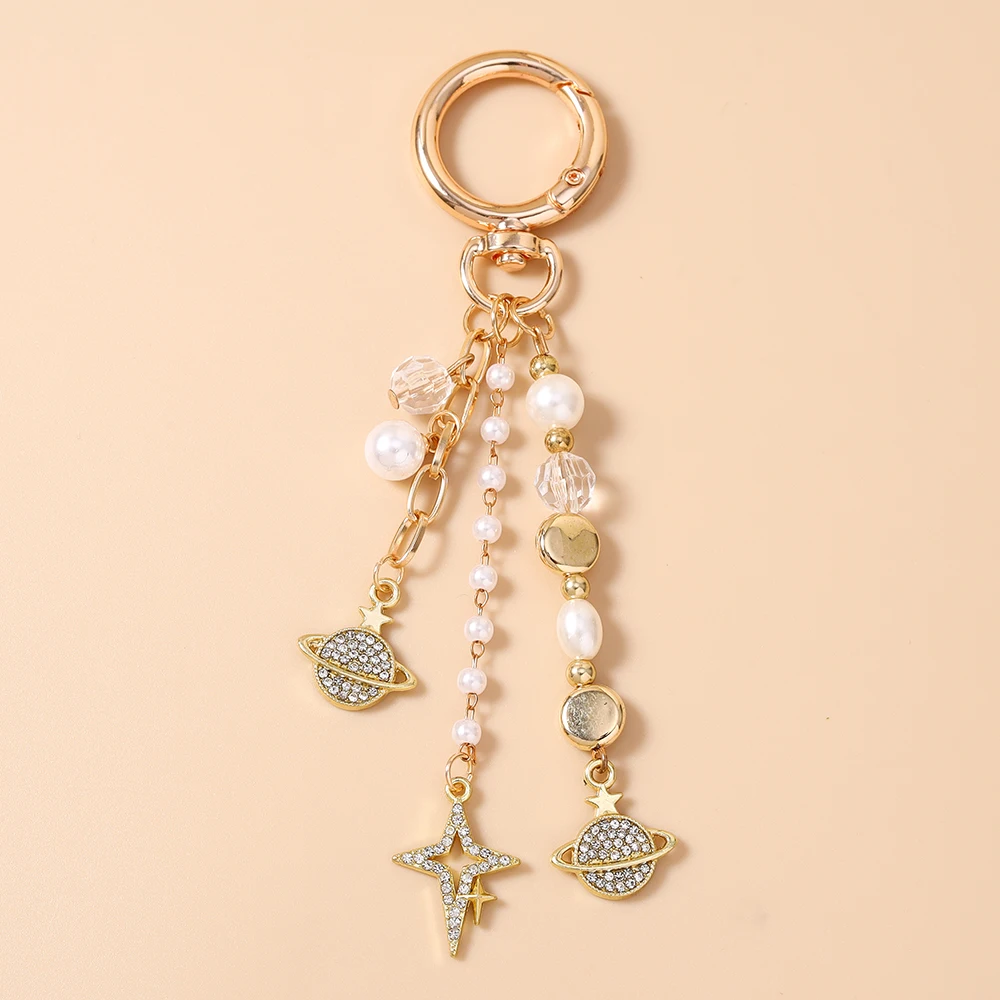Aihua Niedlicher Kristall-Stern Schlüsselanhänger Perlen-Eiffelturm Schlüsselring Anhänger für Frauen Mädchen Handtaschen-Deko Charms DIY Schmuck – Detail 8