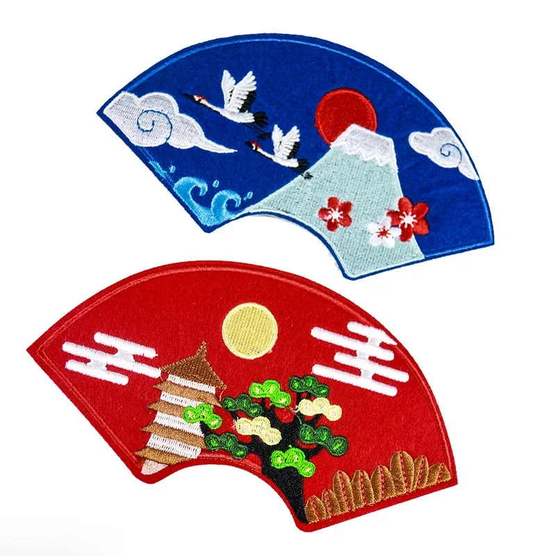 Large Japanese Style Fan Patch Embroidery Applique Iron on Patches for Clothing Stickers Mount Fuji DIY T-shirt Jacket Decor