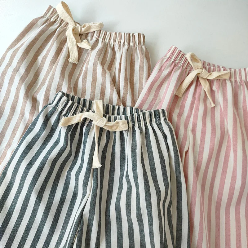 1pcs Cotton Linen Boys Striped Loose Pants Baby Girl Vintage Casual Linen Cotton Short Pants Kids Lace-up Pant Children Clothing