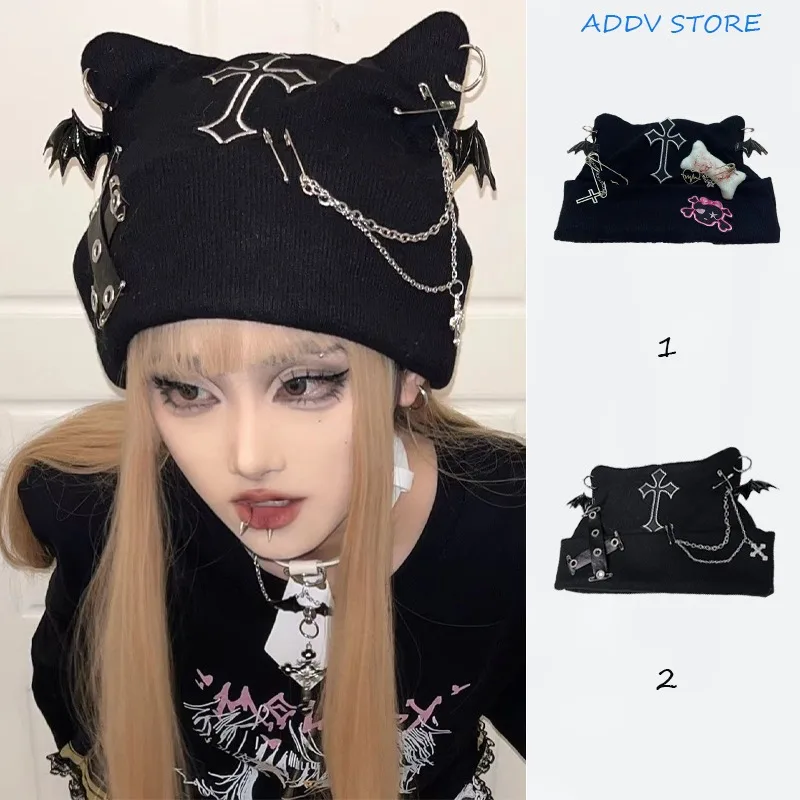 Cute Knitted Black Beanie with Cat Ears, Cross and Skull for Y2K Punk and Gothic Girls