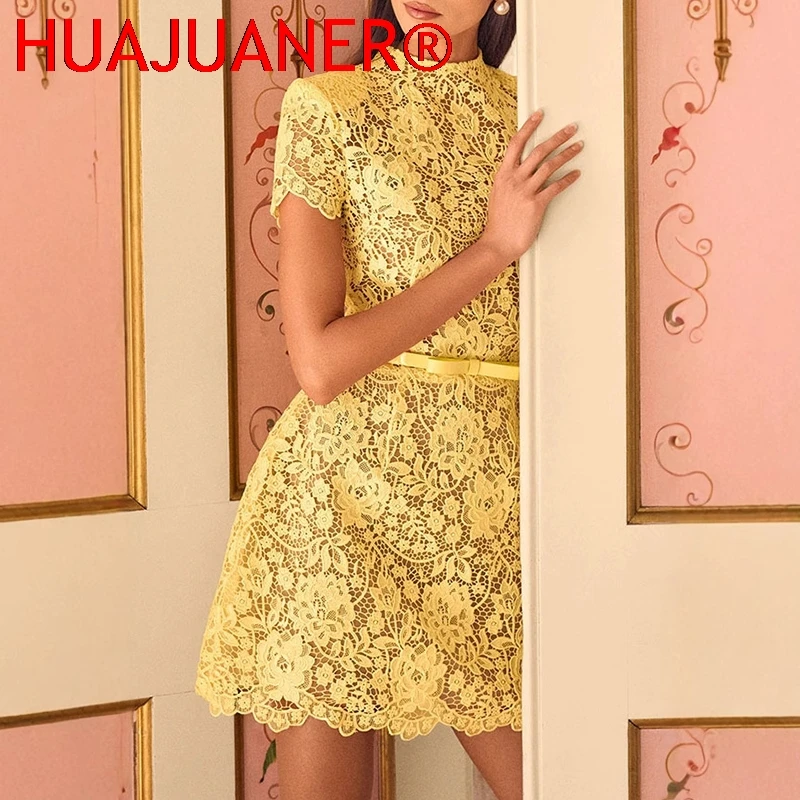 Fashion Perspective Lace Women's Party Dress New Elegant O Neck Short Sleeved High Waist Dress Yellow Bow Tie Up Banquet Dresses - Image 6