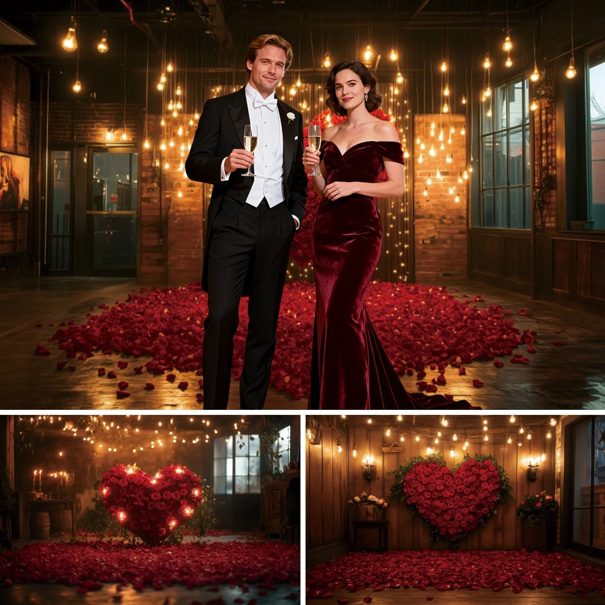 Valentine's Day Backdrops Golden Glitter Red Roses Love Heart February 14th Propose Scene Wedding Party Decor Photo Background